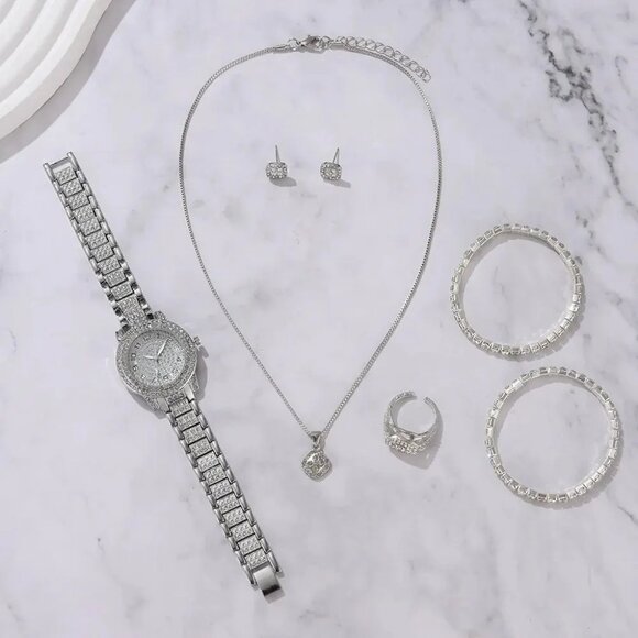 6PCS Women Jewelry Set - Luxury Elegant Alloy Crystal Wristwatch Dubai Style